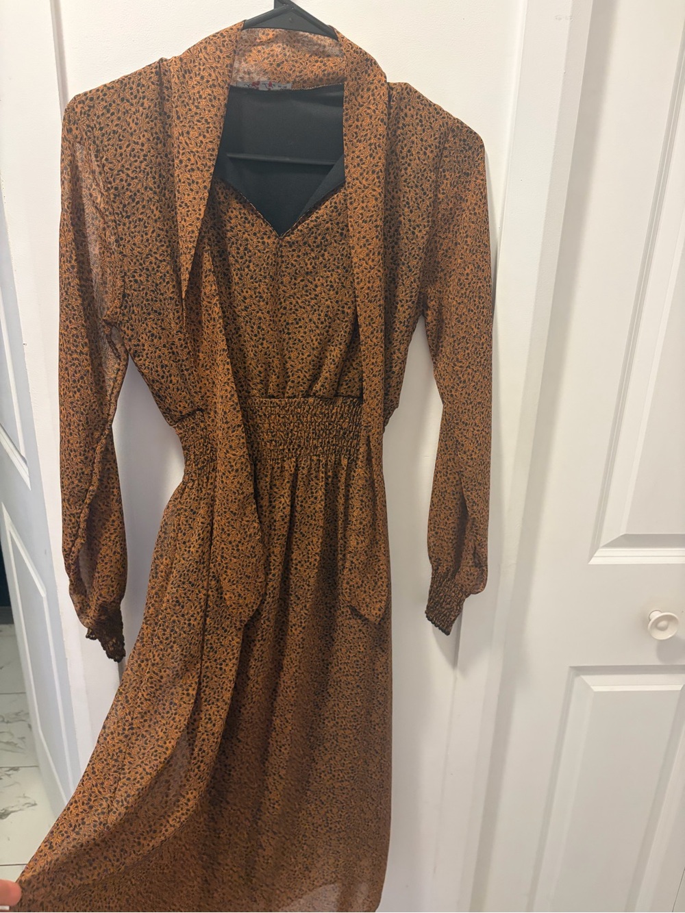 Smocked Waist Long-Sleeve Midi Dress in Rust Brown